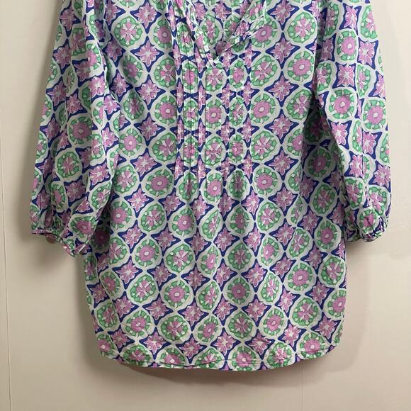 Talbots 1X long bishop sleeve blouse 100% cotton white green AOP floral summer - Picture 3 of 7